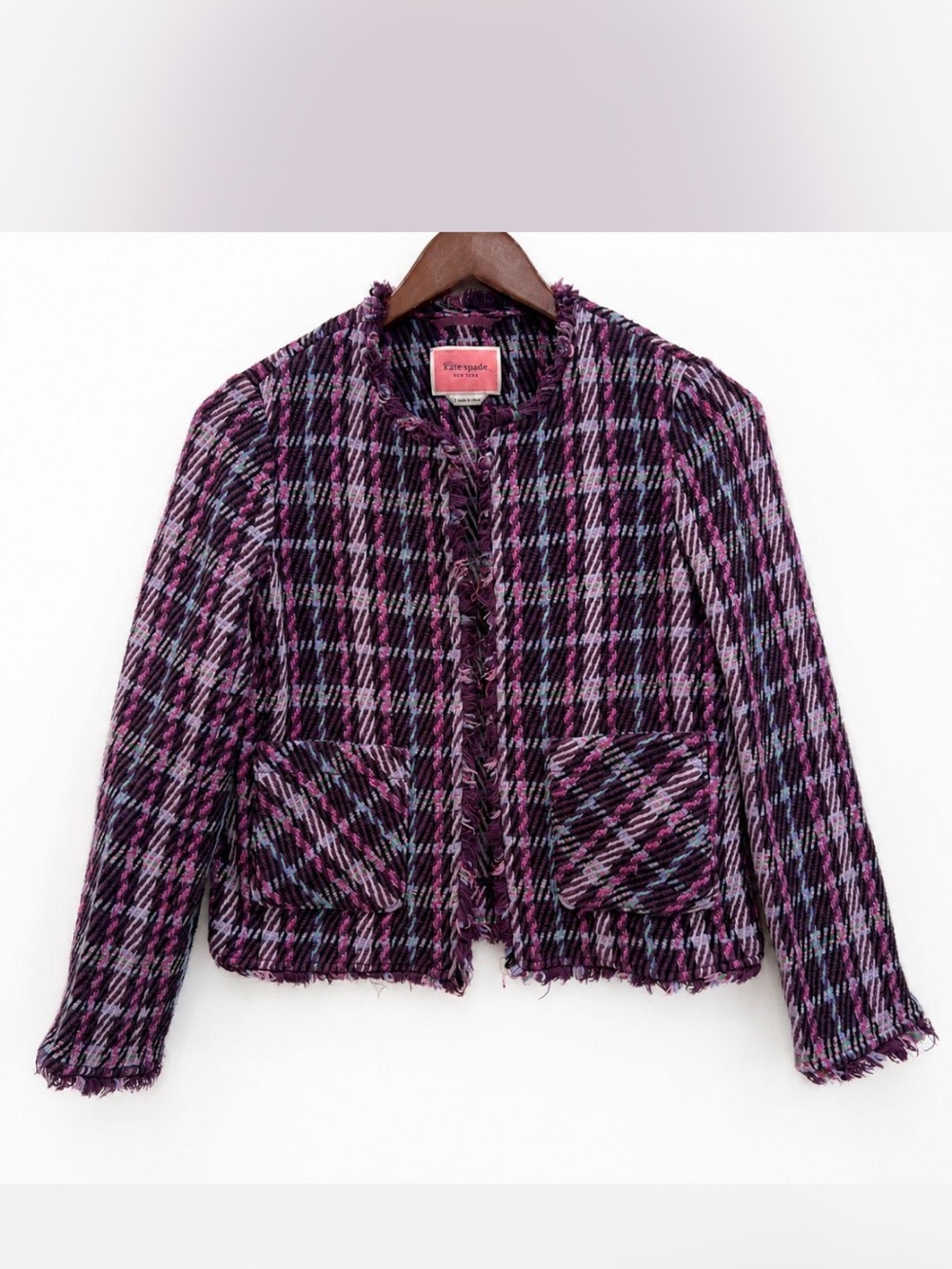 Kate Spade Plaid Tweed Metallic Fringe Jacket/Coat/Blazer Women's Size 2